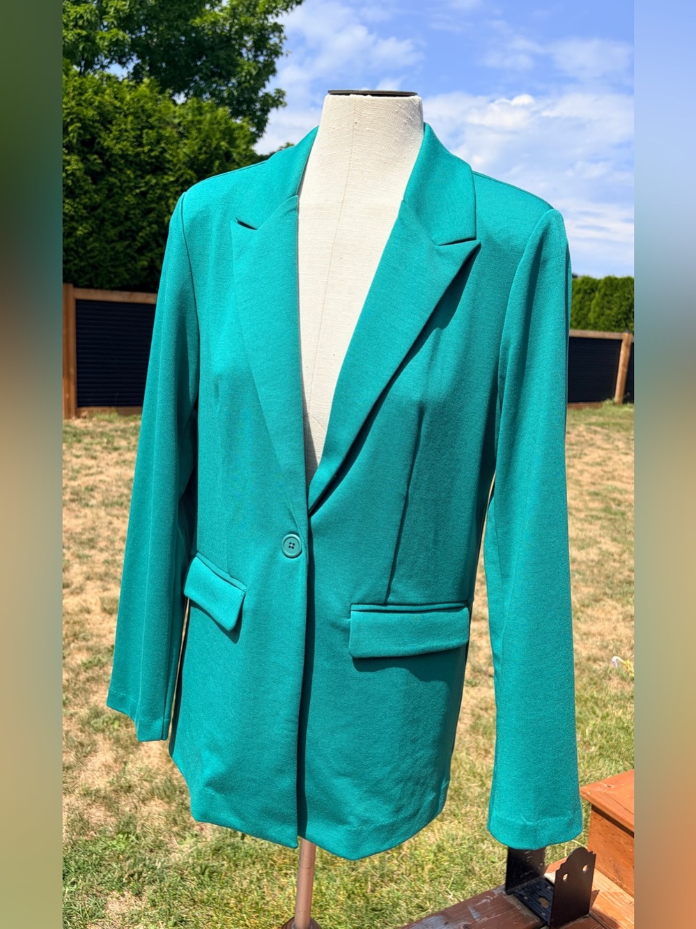 B. Young Teal Single-Button Tailored Blazer, Size M.